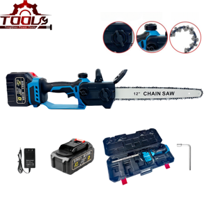 เลื่อยโซ่ไฟฟ้าไร้สาย OEM ขนาด 12 นิ้ว 21V มอเตอร์ไร้แปรงถ่าน 900W ใช้งานมือเดียว สำหรับตัดแต่งไม้ อุตสาหกรรม DIY สีน้ำเงิน - Product Image 1