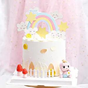 Красивые цветы облака Радуга торт открытка Единорог Фея торт на день рождения украшено цветами и флажками
