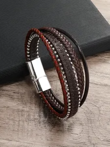 Professional Jewelry Custom Wholesale Leather Rope Double Row Small Natural Stone Braided Leather Magnet Buckle Bracelet