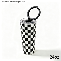 Bouteille d'eau isotherme en acier inoxydable, motif damier noir et blanc, avec paille rabattable et poignée, anti-fuite, vente en gros/sur mesure
