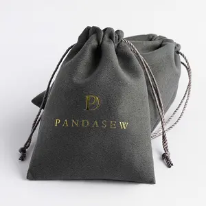 Pandasew mini bolsa de camurça para joia, logotipo personalizado impresso pequeno, veludo com cordão, bolsa para joias