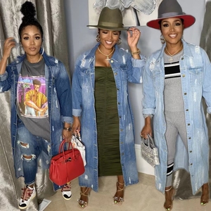 เสื้อโค้ทยีนส์ตัวยาวสำหรับผู้หญิง,สินค้าใหม่ปี2022เสื้อโค้ทแฟชั่นผ้าเดนิมมีรูเซ็กซี่เสื้อคลุมยีนส์เสื้อโค้ทแขนยาวทรงหลวมสำหรับผู้หญิง <span class=keywords><strong>Ddlg</strong></span> - Product Image 1