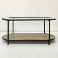 Table basse moderne de haute qualité et durable à deux niveaux, en verre trempé cannelé, métal et bois, rangement facile, assemblage facile, meubles de salon