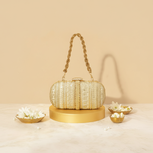 Luxurious golden bridal clutch with intricate <b>sequin</b> work and beaded handle available at wholesale prices. - Product Image 1
