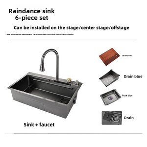 Évier <span class=keywords><strong>de</strong></span> cuisine moderne en acier inoxydable noir fin avec <span class=keywords><strong>robinet</strong></span> cascade et fonction jet d'eau pour lavage <span class=keywords><strong>de</strong></span> légumes - Product Image 3