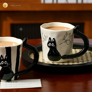 Ensemble tasse et soucoupe à café en céramique 3D en relief motif <span class=keywords><strong>chat</strong></span>, bord ondulé festonné, motif floral, écologique, poignée incurvée brillante, pour café - Product Image 4