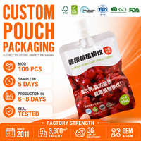 Pochette alimentaire avec bec verseur et bouchon à vis, film laminé haute barrière pour emballage de jus de cerise aigre, boisson végétale et jus de fruits