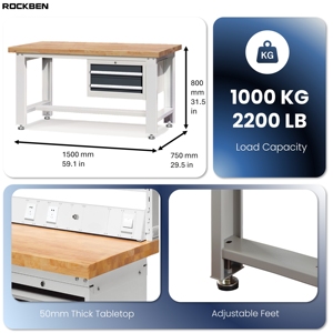 Banc de travail mécanique en acier ROCKBEN avec tiroirs, table de travail ESD robuste, armoire métallique d'atelier, atelier électronique - Product Image 2