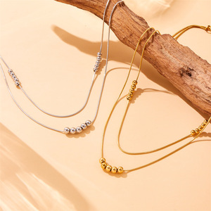 Stainless Steel Double Layer Beaded Chain Necklace <b>Bracelet</b> <b>Set</b> Unisex Everyday Wear Gold Silver - Product Image 3