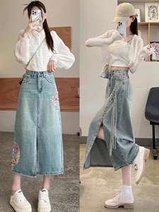 Nueva Falda vaquera informal retro para mujer al por mayor con decoración de botones Falda vaquera larga de color sólido - Product Image 6