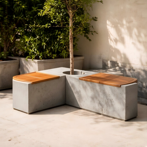 Banc à plantes en béton avec assise en bois massif pour parcs publics et projets immobiliers commerciaux - Product Image 4