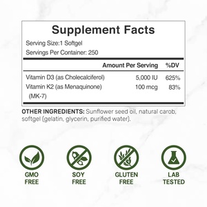 Vitamina D3 K2 5000 UI (100 mcg) con Aceite de Coco, Gomitas Veganas 100% a Base de Plantas, 250 Unidades, Apoyo para el Corazón y los Huesos en Adultos - Product Image 4