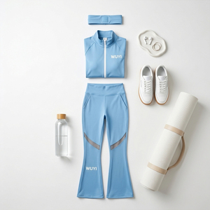 3 Piece Seamless Yoga Set Women Gym <b>Workout</b> Clothes Crop Top Zip <b>Jacket</b> High Waist Flared Leggings with Mesh Activewear Set - Product Image 2