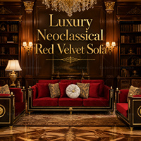 Canapé Royal Luxe Néo-Classique en Velours Rouge avec Cadre Marron et Finition Dorée pour Villa, Salon ou Club Lounge