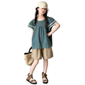 2025 New Cute Girl Green <strong>Short</strong> Sleeved Shirt + <strong>Khaki</strong> <strong>Shorts</strong> 2 Pcs Summer Set Casual Clothes - Product Image 2