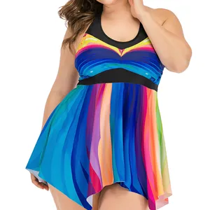 Grande Taille Tankini Maillots De Bain pour Femmes Ventre Contrôle Maillots De Bain Deux Pièces Maillots de bain Arc-En-Ciel Swimdress avec Short