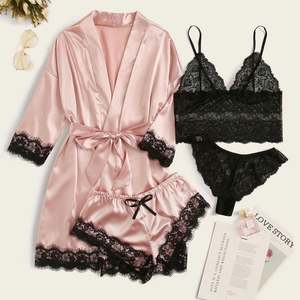 SFY1133 <b>Women's</b> Satin Lace Mesh Bodysuits 4-Piece <b>Sexy</b> Lingerie Sleepwear Set for Homewear <b>Nightwear</b> - Product Image 2