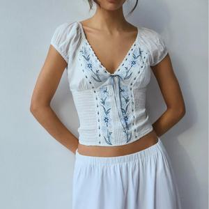 Blusa Bohemia de Algodón, Corte Ajustado, Cuello en V, Manga Corta, Bordada y Fruncida, para Mujer, Gran Venta - Product Image 1