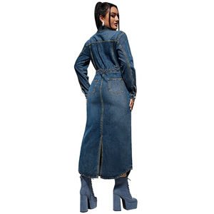 Robes <span class=keywords><strong>pour</strong></span> femmes en gros, vêtements à manches longues, boutons, poches, robe maxi, vêtements d'automne, mode streetwear, fente, robes en jean décontractées - Product Image 3