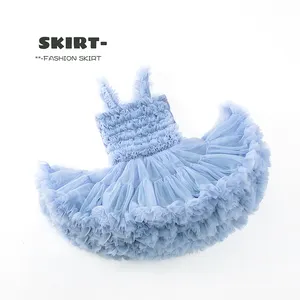 Abito blu cielo per bambine abito formale ballo da principessa soffice tutu senza maniche a pieghe vestiti personalizzati all'ingrosso