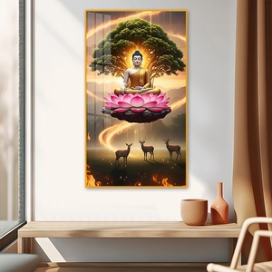 Buddha Galleggiante su Loto Sacro con <span class=keywords><strong>Cervo</strong></span> - Decorazione Murale Moderna in Porcellana Cristallina con Cornice in Alluminio Premium - Product Image 2