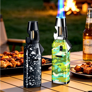 Briquet torche portable JOFI à flamme bleue, en métal, au butane, coupe-vent, rechargeable, avec ouvre-bouteille, design camouflage noir, pour camping et barbecue - Product Image 1