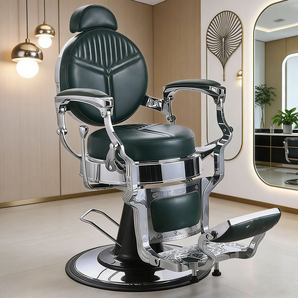 Green Razor Chair Dark Green Frame Classic Reclining Barber Chair for Hair Salon Barber ...