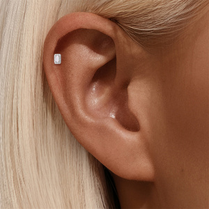 Chic Rectangle Frame S925 Silver Emerald Cut Moissanite Halo Flat Back <b>Cartilage</b> Piercing <b>Stud</b> Earring <b>Cartilage</b> Moissanite - Product Image 3