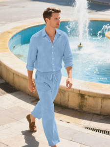 Nuovo <span class=keywords><strong>Completo</strong></span> <span class=keywords><strong>Uomo</strong></span> 2 Pezzi in Misto <span class=keywords><strong>Lino</strong></span> 2026 - Camicia a Maniche Lunghe e Pantaloni con Coulisse, Abbigliamento Estivo per Vacanze - Product Image 4