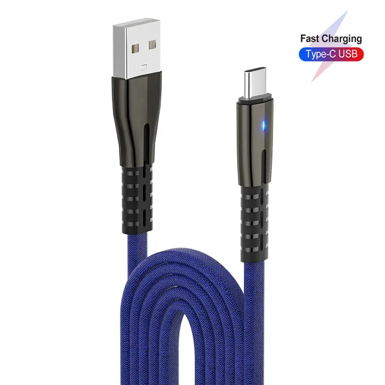 3A Braided Fast Charging Usb Data Cable With Night Led Light, Zinc Alloy With Lamp Data Line