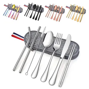 Nhà Máy Bán Buôn Rơm Bộ Xách Tay Trọng Lượng Nhẹ Knife Spoon Fork Thép Không Gỉ Bộ Dao Kéo Với Túi