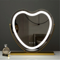 Miroir cosmétique de bureau autoportant en métal et verre en forme de cœur avec écran LED, interrupteur tactile, grossissant et éclairé, personnalisable