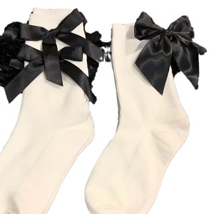 Lolita <b>Black</b> Bow Mid-Calf <b>Socks</b> For Women Cotton Breathable Sweat Absorbing Princess Style With Leather Shoes Match - Product Image 5