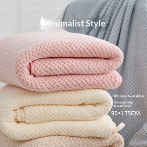 Grande serviette de bain en velours corail épaissi 90x175cm, tissage ananas, séchage rapide, absorbante, pour adultes, bordure brodée, cadeau - Product Image 1