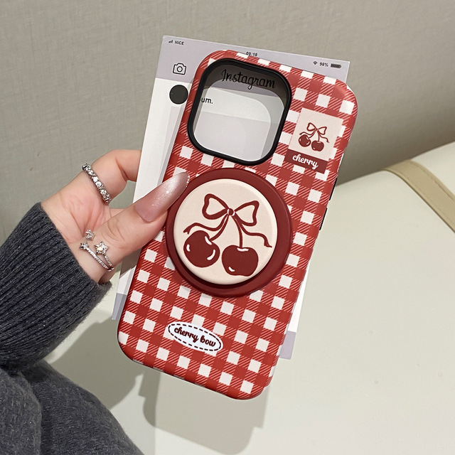 Vintage Cherry Pattern Phone case with Magnetic Stand, Anti-drop and Anti-slip, for iPhone 11 - 17 Pro Max Series