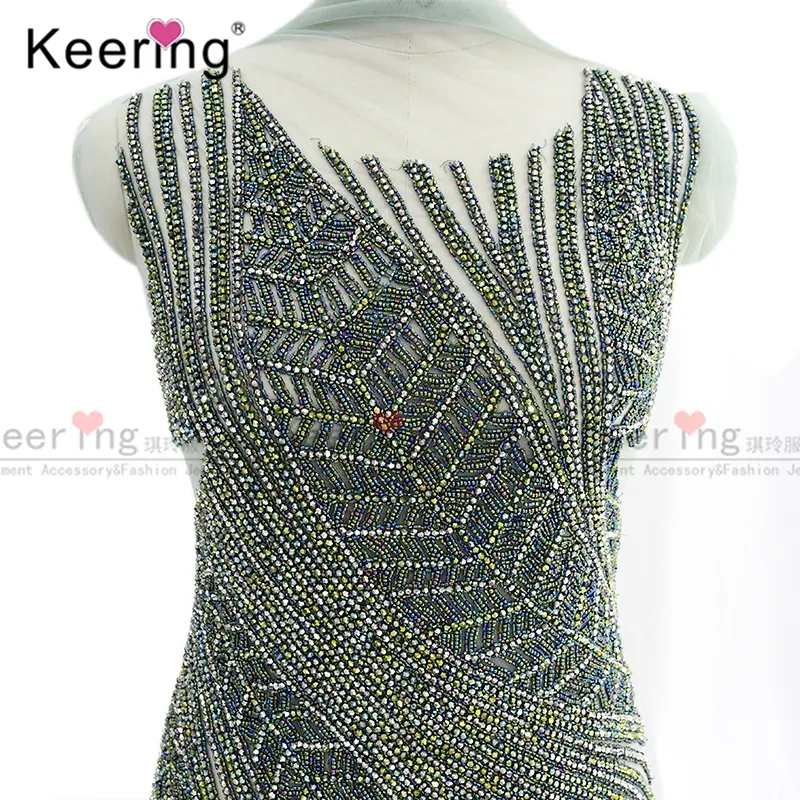 WDP-202 Keering New Arrival Wedding Evening Party Long Dress AB Green Leaf Crown Bodice Rhinestone Applique