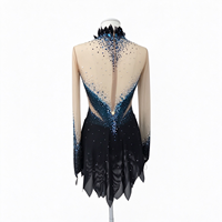 Robe de patinage et de danse pour enfants et adultes, noire et bleue, avec manches longues en maille nude, strass, plumes et découpe au dos, pour compétition et spectacle de patinage sur glace