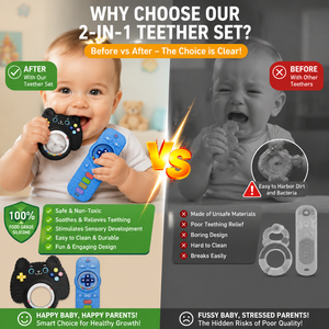 Ensemble <span class=keywords><strong>de</strong></span> jouets <span class=keywords><strong>de</strong></span> dentition 2-en-1 pour bébé : Bâtonnet <span class=keywords><strong>de</strong></span> dentition en silicone <span class=keywords><strong>de</strong></span> qualité alimentaire sans BPA et jouet sensoriel à mâcher en forme <span class=keywords><strong>de</strong></span> télécommande - Product Image 3