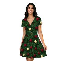 Robe Courte Femme de Noël à Col en V Imprimé Numérique 3D Motifs Pin et Boule, Écologique et Respirante, Taille Naturelle, Idéale pour les Fêtes