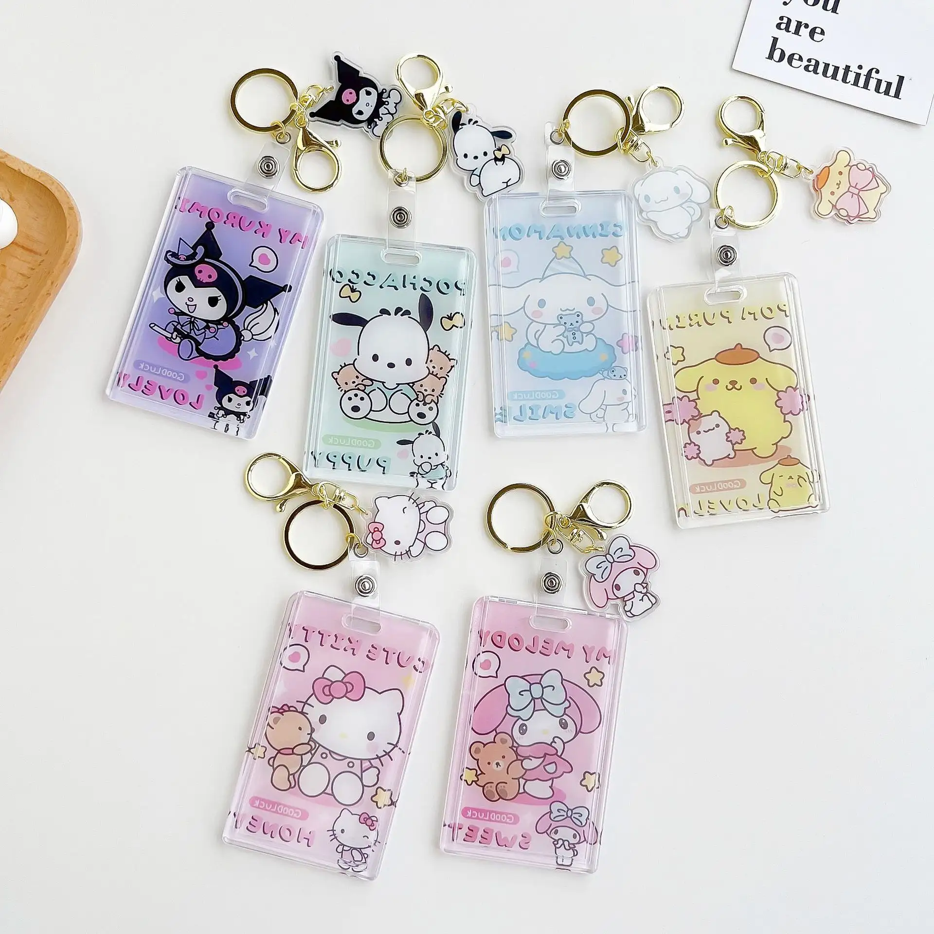 Porte-carte Transparent mignon dessin animé Kitty Kuromi mélodie porte-clés porte-cartes évolutif facile tirer boucle étudiant Bus cartes couverture
