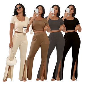 Conjunto de pantalones divididos informales elegantes para mujer 211432 Primavera Verano cuello transpirable manga corta moda Color sólido cintura elástica - Product Image 4