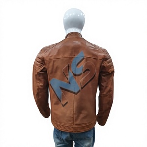 Nabtay Sports Men's <b>Brown</b> <b>Leather</b> Moto Biker <b>Jacket</b> Stand Collar Zipper Front Solid Color Quick Dry Autumn Wear Regular Fit - Product Image 2
