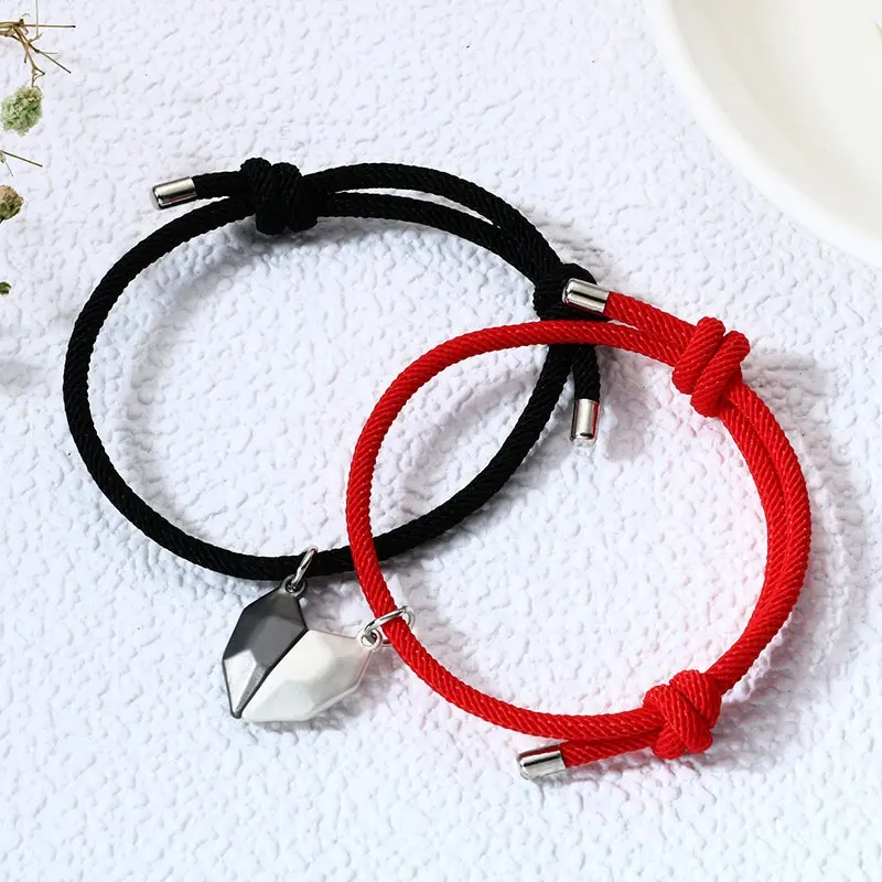 Creative Handwoven Red String Cord Black and White Artistic Heart Magnetic Bracelet Jewelry For Couple