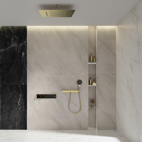 Système de douche mural contemporain en laiton poli, mitigeur monocommande, finition céramique noir mat, pommeau de douche pluie encastré, massage, pour hôtel