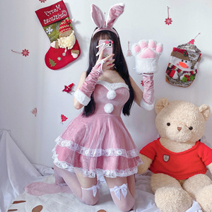 Disfraz de conejita, vestido de terciopelo rosa con orejas y guantes, disfraz de cosplay para mujer, traje de fiesta - Product Image 1
