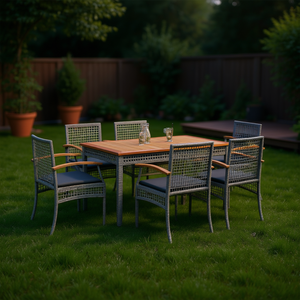 Set da Pranzo da Giardino in Rattan Grigio per 6 Persone con Piano in Teak, Arredamento da Esterno in Stile Contemporaneo Resistente alle Intemperie - Product Image 2