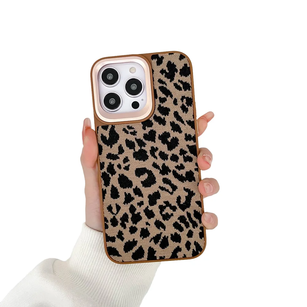 Leopard print woven fabric PU PC back cover For iPhone 11 12 13 14 15 pro max cases