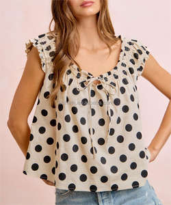 Blusa <span class=keywords><strong>de</strong></span> lunares para mujer Lushwin, manga corta con volantes, cuello fruncido, estilo casual, con lazo frontal, holgada, estilo swing, para verano - Product Image 2