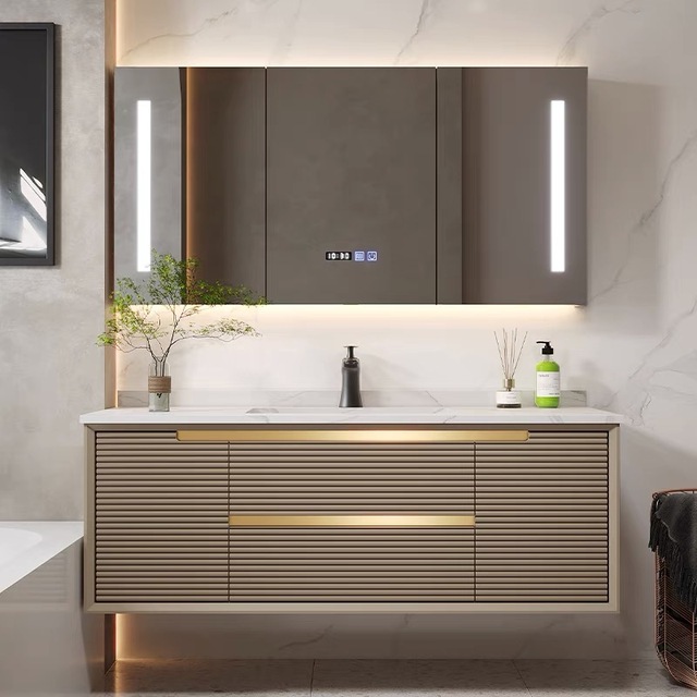 Hot Sale 36/ 42/ 48 /66/72  Inch Floating Rock Stone Counter Top Solid Wood Bathroom Vanity Unit with Sink