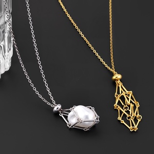 Collier tendance en acier inoxydable plaqué or avec cage pour pendentif, nouveau modèle, simple, réglable, avec pochette en maille pour pierres précieuses - Product Image 3